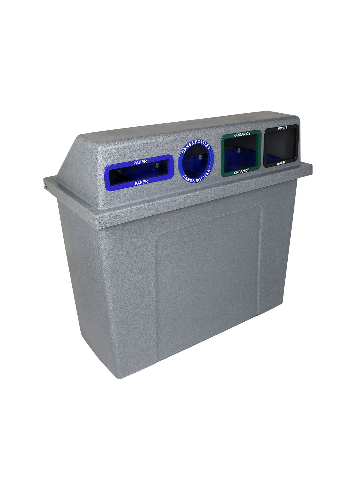 SUPER SORTER – Quad – Kit – Hd – Paper-Cans & Bottles-Organics-Waste – Slot-Circle-Full-Full – Greystone-Blue-Blue-Green-Black