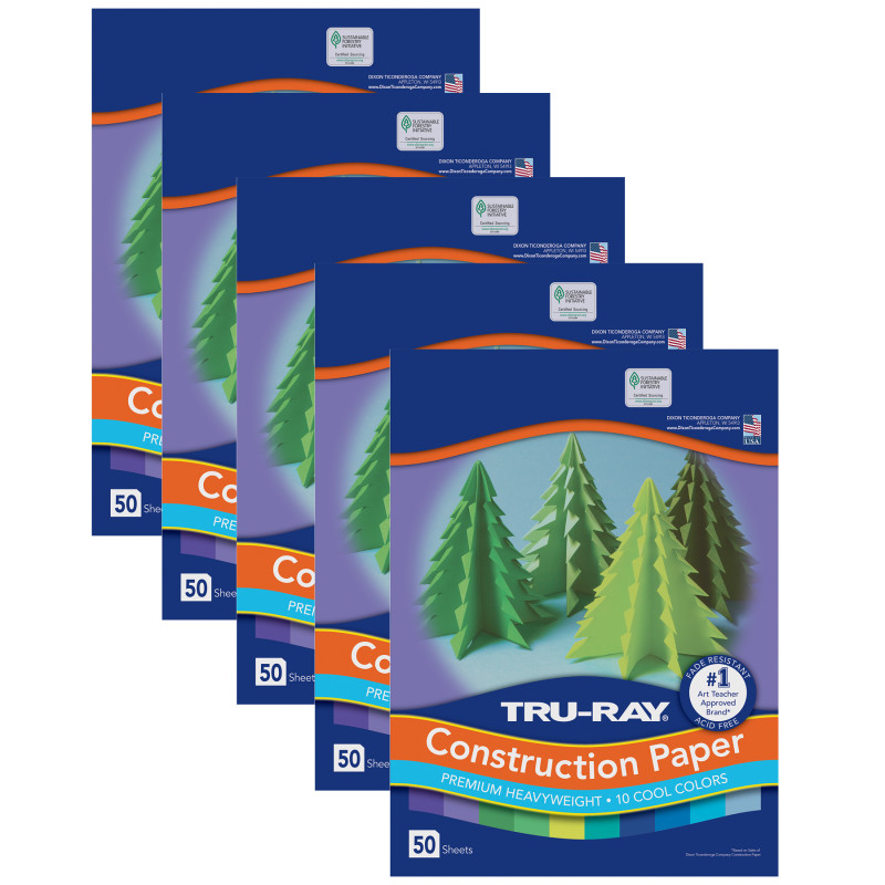 Construction Paper, Heavyweight, Cool Assorted, 9" x 12", 50 Sheets Per Pack, 5 Packs