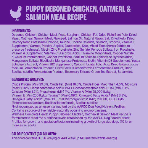 <p>Deboned Chicken, Chicken Meal, Peas, Sorghum, Chicken Fat, Dried Plain Beet Pulp, Dried Yeast, Oatmeal, Salmon Meal, Flaxseed, Salmon Oil, Natural Flavor, Salt, Dried Kelp, Dried Chicory Root, Potassium Chloride, Taurine, Choline Chloride, Spinach, Broccoli, Vitamin E Supplement, Carrots, Parsley, Apples, Blueberries, Kale, Mixed Tocopherols (added to preserve freshness), Niacin, Zinc Proteinate, Zinc Sulfate, Ferrous Sulfate, Iron Proteinate, Vitamin A Supplement, Vitamin C (Ascorbic Acid), Thiamine Mononitrate, Copper Sulfate, d-Calcium Pantothenate, Copper Proteinate, Sodium Selenite, Pyridoxine Hydrochloride, Manganese Sulfate, Riboflavin, Manganese Proteinate, Biotin, Vitamin D3 Supplement, Yucca Schidigera Extract, Vitamin B12 Supplement, Calcium Iodate, Folic Acid, Dried Enterococcus faecium Fermentation Product, Dried Bacillus licheniformis Fermentation Product, Dried Bacillus subtilis Fermentation Product, Rosemary Extract, Green Tea Extract, Spearmint.</p>
