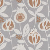 Gray wallpaper patterned with stylized white pomegranate-shaped flowers and rust-brown seed details; the motif repeats uniformly, covering a wall surface in soft, even indoor lighting.