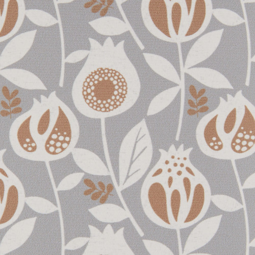 Gray wallpaper patterned with stylized white pomegranate-shaped flowers and rust-brown seed details; the motif repeats uniformly, covering a wall surface in soft, even indoor lighting.