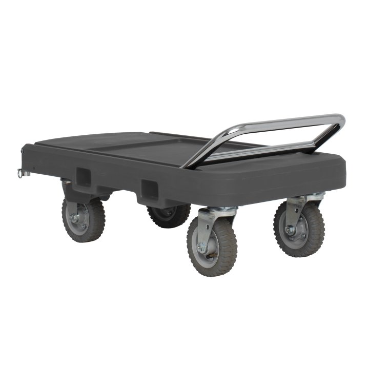 Flatbed utility dolly in dark gray with 6” pneumatic wheels, straps and chrome-plated handle