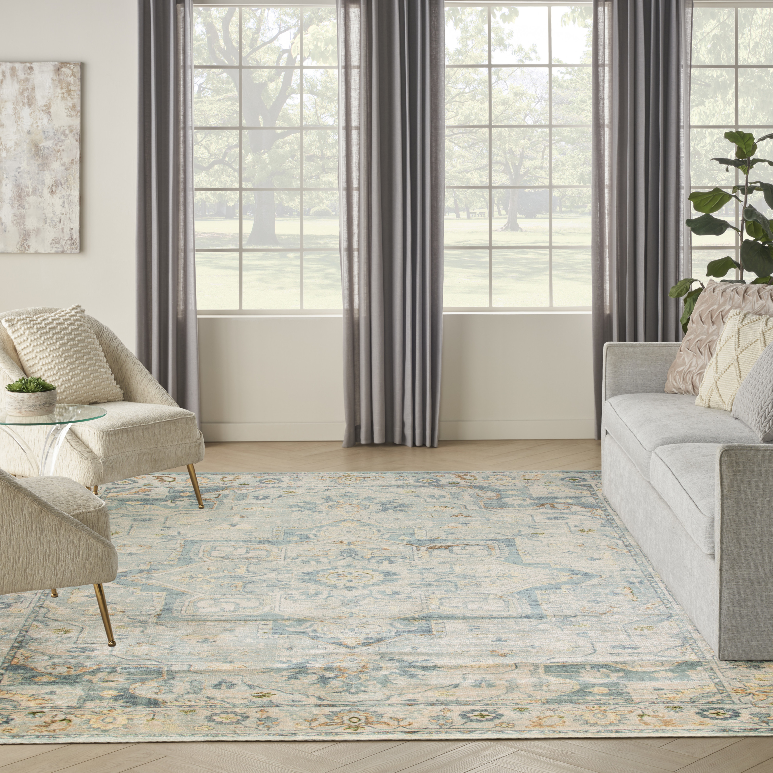 Nourison Astra Machine Washable 6'7" x 9' Light Blue Vintage Indoor Rug