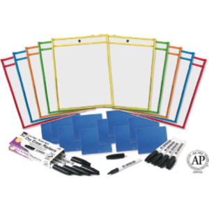 Reusable Dry Erase Pockets Class Pack with Markers and Cloth Erasers