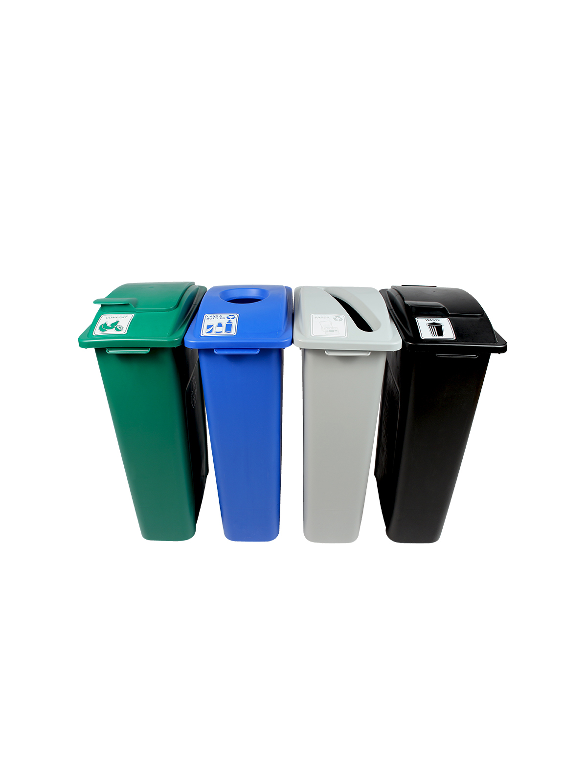 WASTE WATCHER – Quad – Kit – Cans & Bottles-Paper-Compost-Waste – Circle-Slot-Solid Lift-Solid Lift – Blue-Grey-Green-Black
