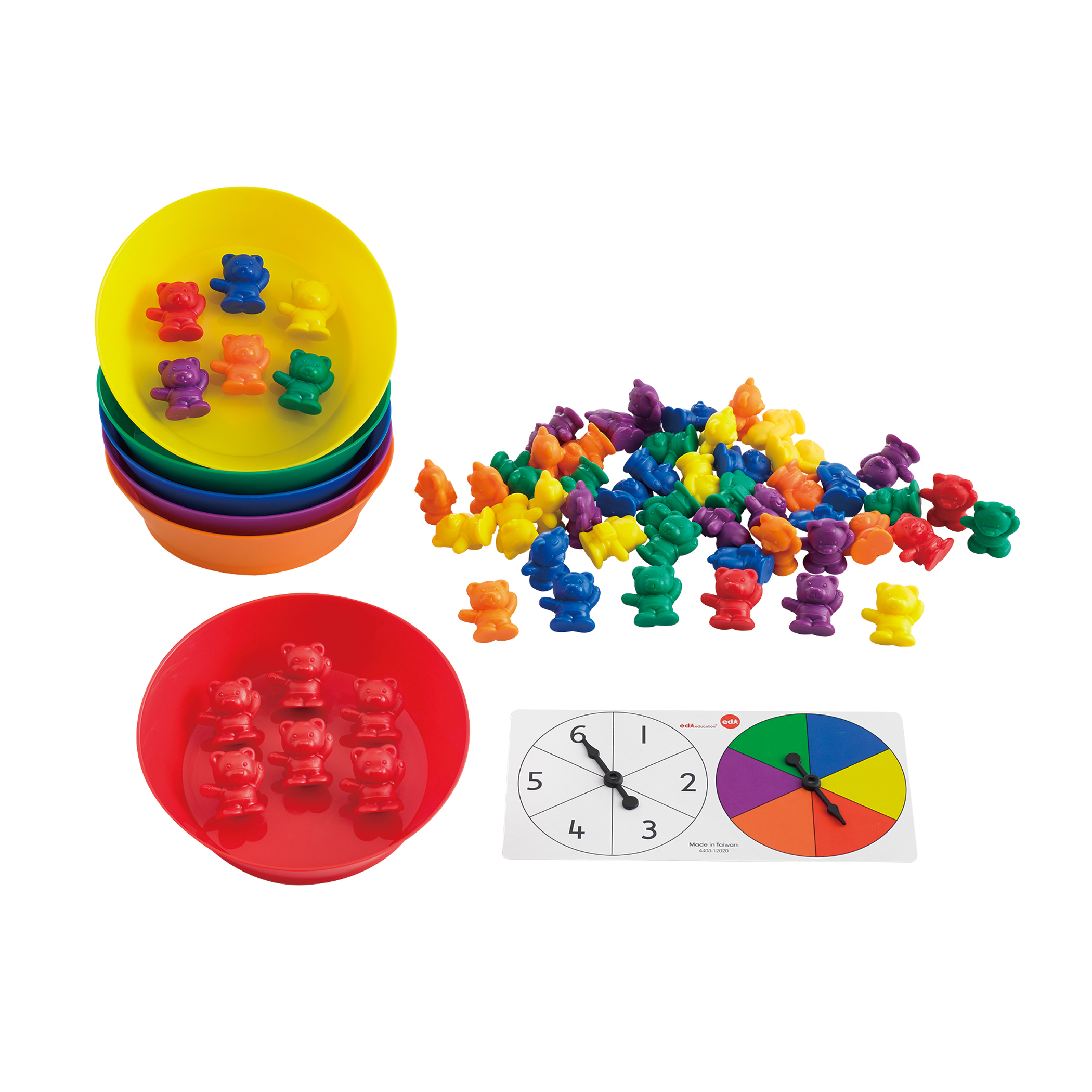 edxeducation Counting Bears with Matching Bowls - 68pc Set - 60 Bear Counters, 6 Bowls & 2 Game Spinners image number null