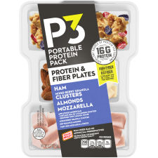 P3 Portable Protein Pack Fiber Plate Ham, Mixed Berry Granola Clusters, Almonds Mozzarella Cheese, 3.2 oz Tray