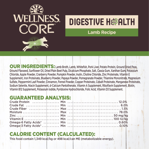 Lamb Broth, Lamb, Whitefish, Pork Liver, Potato Protein, Dried Ground Peas, Ground Flaxseed, Sunflower Oil, Dried Plain Beet Pulp, Fish Oil (Preserved With Mixed Tocopherols), Dicalcium Phosphate, Cassia Gum, Xanthan Gum, Salt, Potassium Chloride, Apple Powder, Cranberry Powder, Pumpkin Powder, Dried Chicory Root, Choline Chloride, Zinc Proteinate, Vitamin E Supplement, Iron Proteinate, Magnesium Sulfate, Blueberry Powder, Papaya Powder, Pomegranate Powder, Thiamine Mononitrate, Peppermint Leaf Powder, Cinnamon, Fennel Powder, Copper Proteinate, Cobalt Proteinate, Manganese Proteinate, Sodium Selenite, Niacin Supplement, d-Calcium Pantothenate, Vitamin A Supplement, Riboflavin Supplement, Biotin, Vitamin B12 Supplement, Potassium Iodide, Pyridoxine Hydrochloride, Folic Acid, Vitamin D3 Supplement.