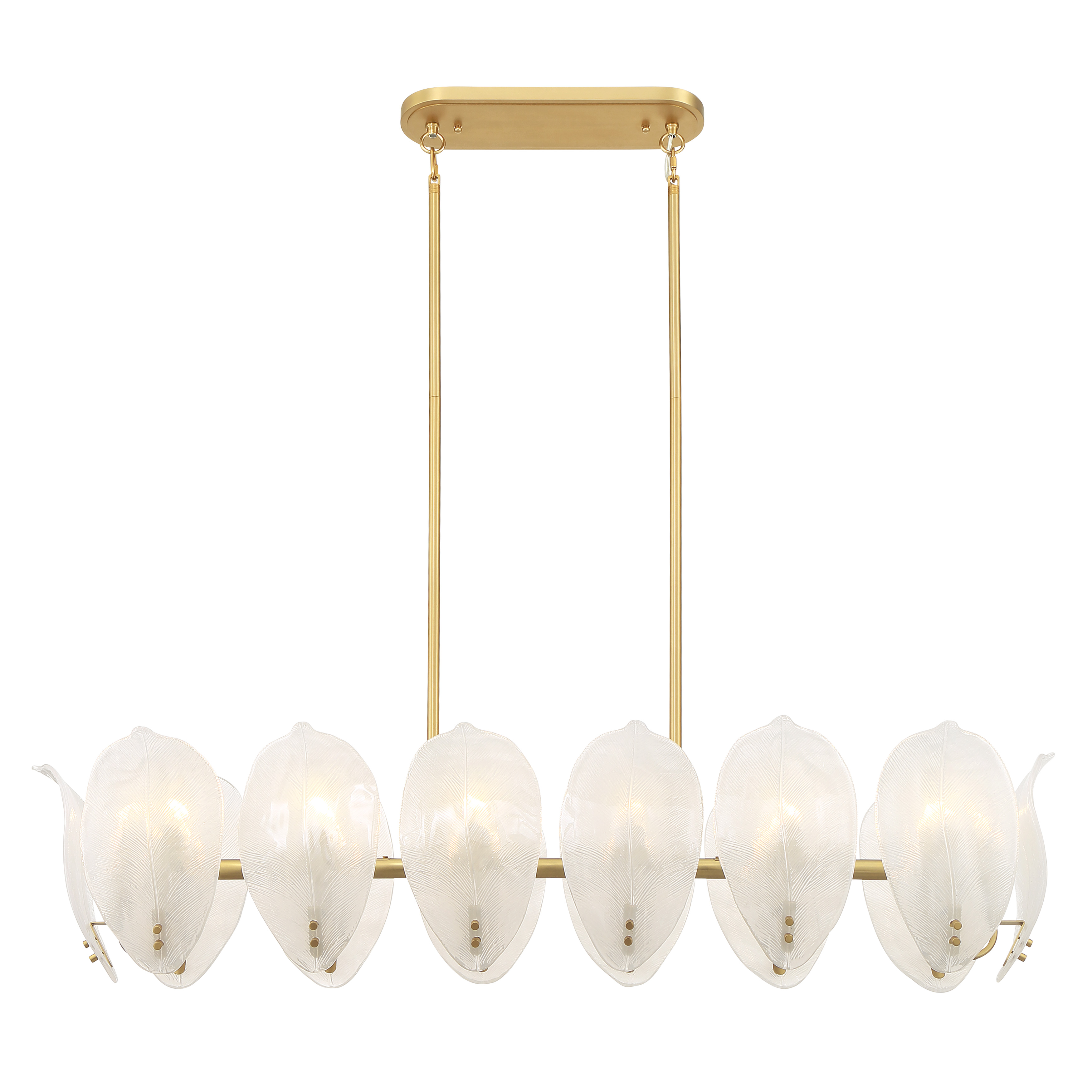 The Orchid 48" island chandelier combines transitional elegance with practical illumination. Fourteen handmade white glass shades paired with Legacy Brass finish create a sophisticated focal point perfect for kitchen islands and dining tables. - alternate view