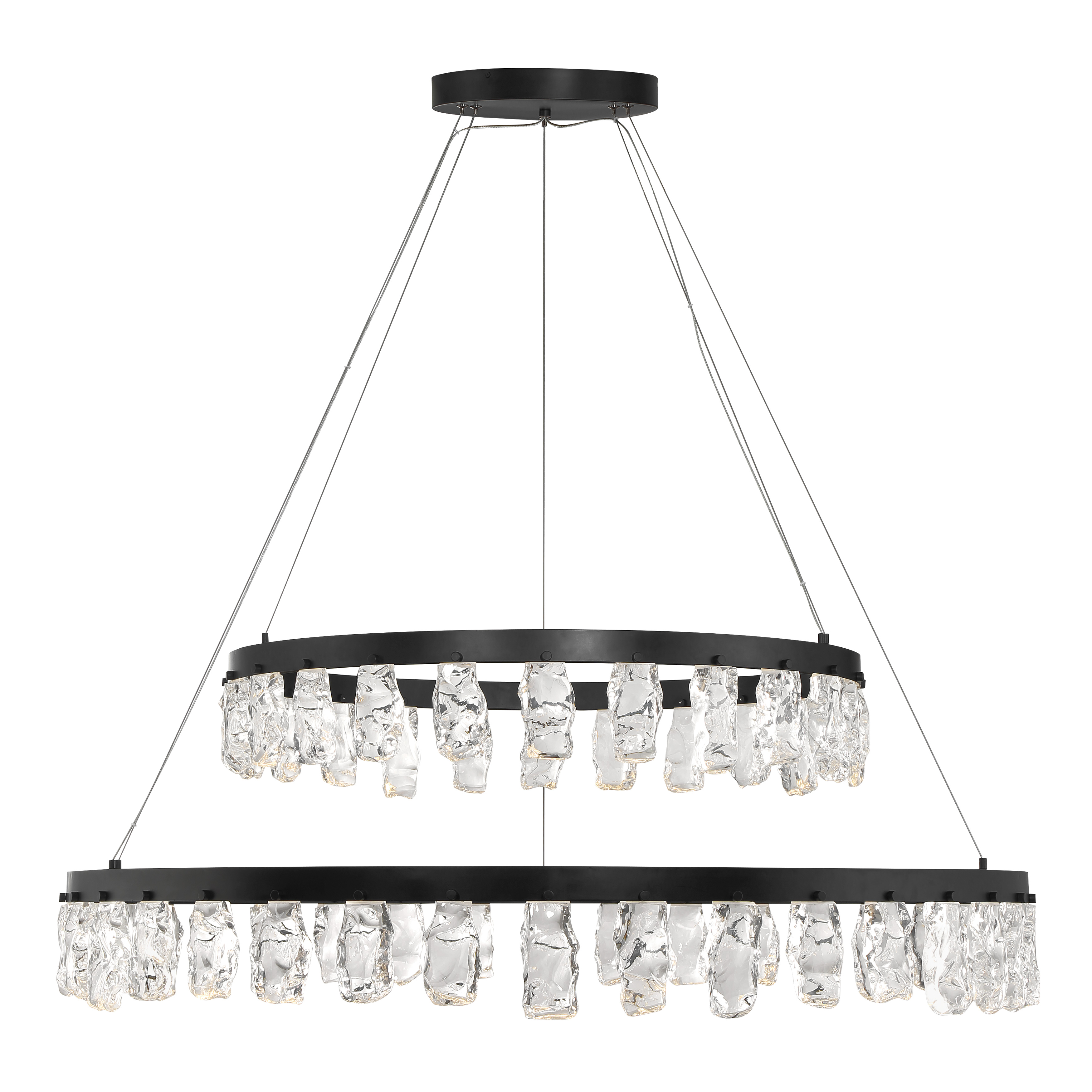 The Artic Glacier chandelier makes a bold architectural statement with its dramatic 49-inch span and two-tier design. Clear faux rock crystal elements create an organic, glacier-like aesthetic against the coal black finish. - alternate view