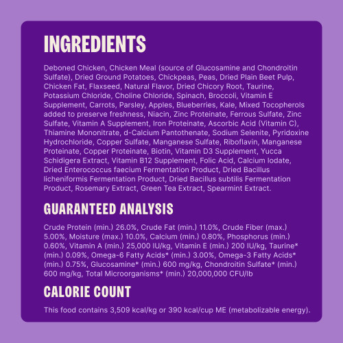 Deboned Chicken, Chicken Meal (source of Glucosamine and Chondroitin Sulfate), Dried Ground Potatoes, Chickpeas, Peas, Dried Plain Beet Pulp, Chicken Fat, Flaxseed, Natural Flavor, Dried Chicory Root, Taurine, Potassium Chloride, Choline Chloride, Spinach, Broccoli, Vitamin E Supplement, Carrots, Parsley, Apples, Blueberries, Kale, Mixed Tocopherols added to preserve freshness, Niacin, Zinc Proteinate, Ferrous Sulfate, Zinc Sulfate, Vitamin A Supplement, Iron Proteinate, Ascorbic Acid (Vitamin C), Thiamine Mononitrate, d-Calcium Pantothenate, Sodium Selenite, Pyridoxine Hydrochloride, Copper Sulfate, Manganese Sulfate, Riboflavin, Manganese Proteinate, Copper Proteinate, Biotin, Vitamin D3 Supplement, Yucca Schidigera Extract, Vitamin B12 Supplement, Folic Acid, Calcium Iodate, Dried Enterococcus faecium Fermentation Product, Dried Bacillus licheniformis Fermentation Product, Dried Bacillus subtilis Fermentation Product, Rosemary Extract, Green Tea Extract, Spearmint Extract.