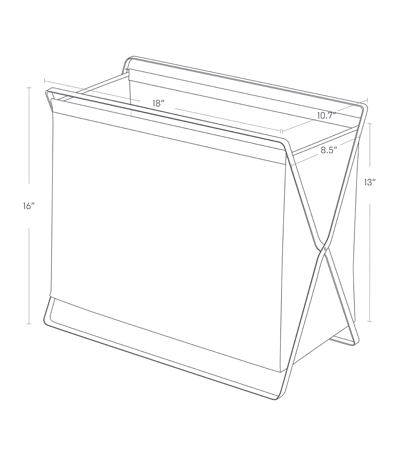 Dimension image for Folding Storage Hamper showing length of 18 inches, total width of 10.7 inches and total height of 16 inches
