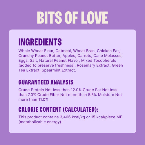 Whole Wheat Flour, Oatmeal, Wheat Bran, Chicken Fat, Crunchy Peanut Butter, Apples, Carrots, Cane Molasses, Eggs, Salt, Natural Peanut Flavor, Mixed Tocopherols (added to preserve freshness), Rosemary Extract, Green Tea Extract, Spearmint Extract.