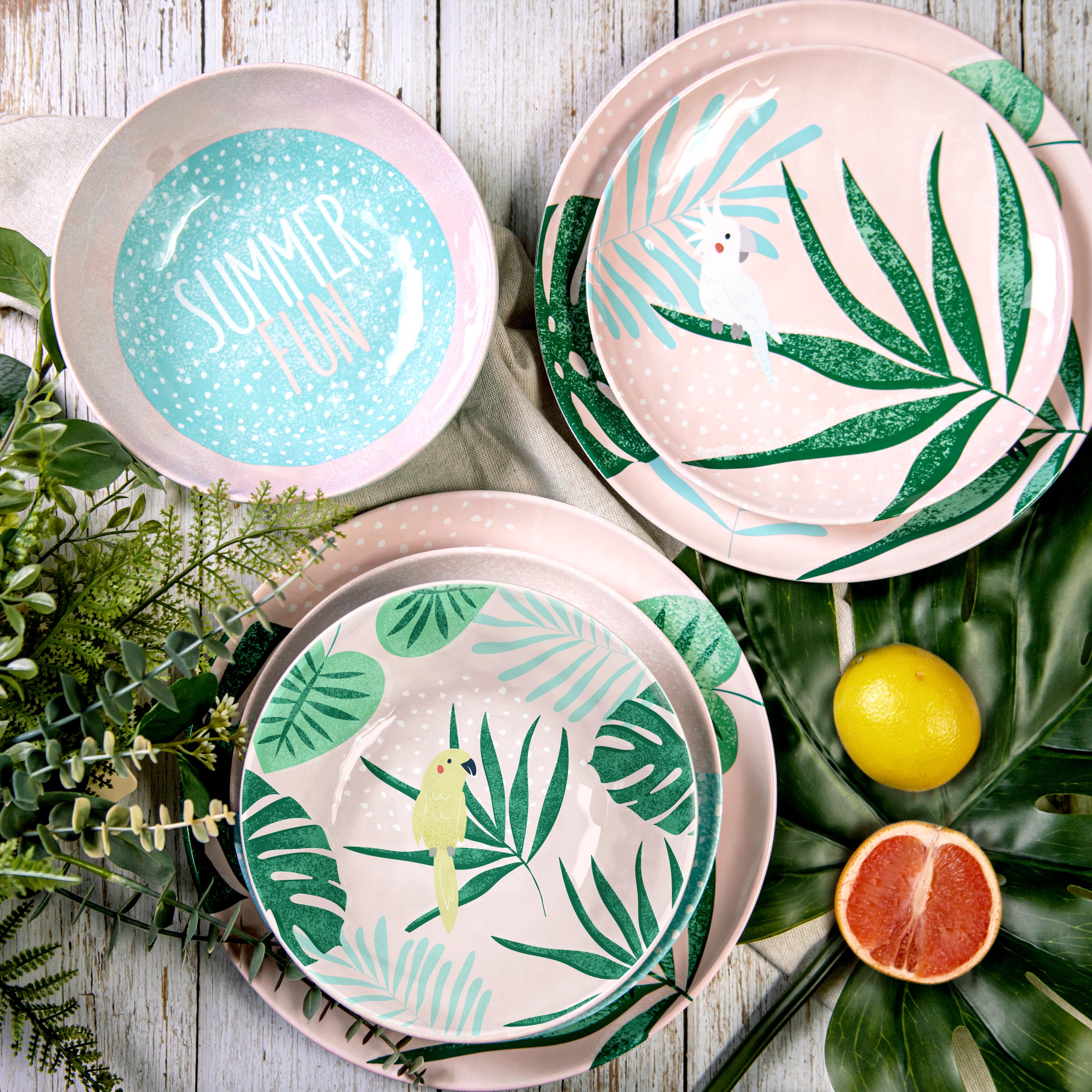 Summer Prints Dinnerware Set, Pink Tropics, 12-piece set slideshow image 3 Summer Prints Dinnerware Set, Pink Tropics, 12-piece set slideshow image 3