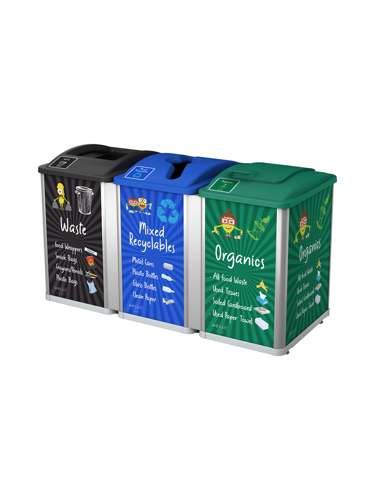 MOSAIC – Triple – Junior – Waste-Mixed Recyclables-Organics – Full-Mixed-Solid Lift – Silver-Black-Blue-Green