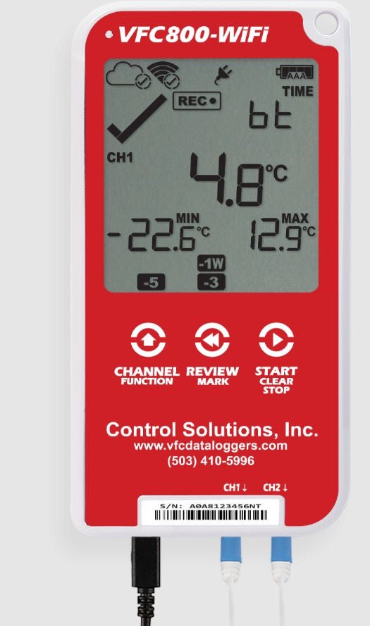 Refrigerator / Freezer Vaccine Data Logger with Alarm Kit LogTag® VFC 800-WiFi Fahrenheit / Celsius -40° to 210°F (-40° to +99°C) Glycol Bottle Probe AC Adaptor / USB / Battery Backup