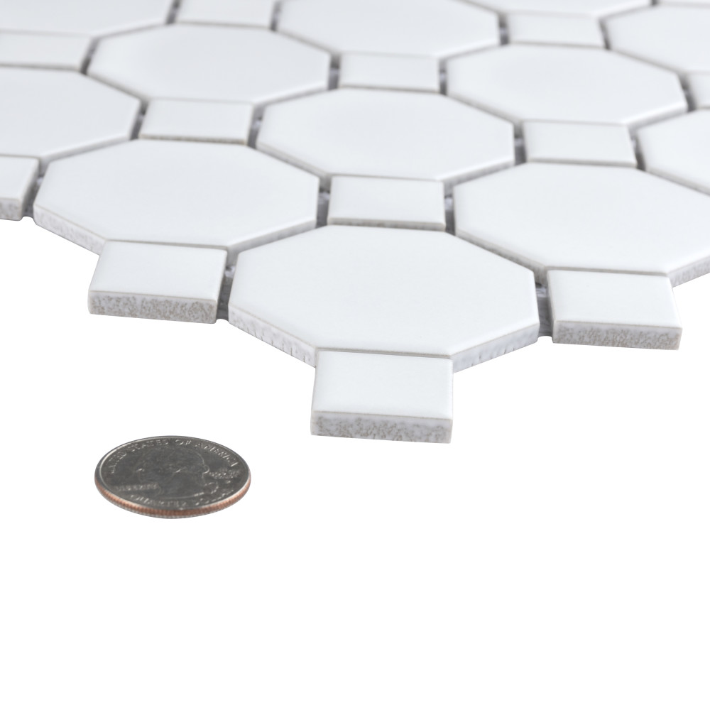 Sample – Metro Octagon Matte White w/ White Dot Porcelain Mosaic Tile