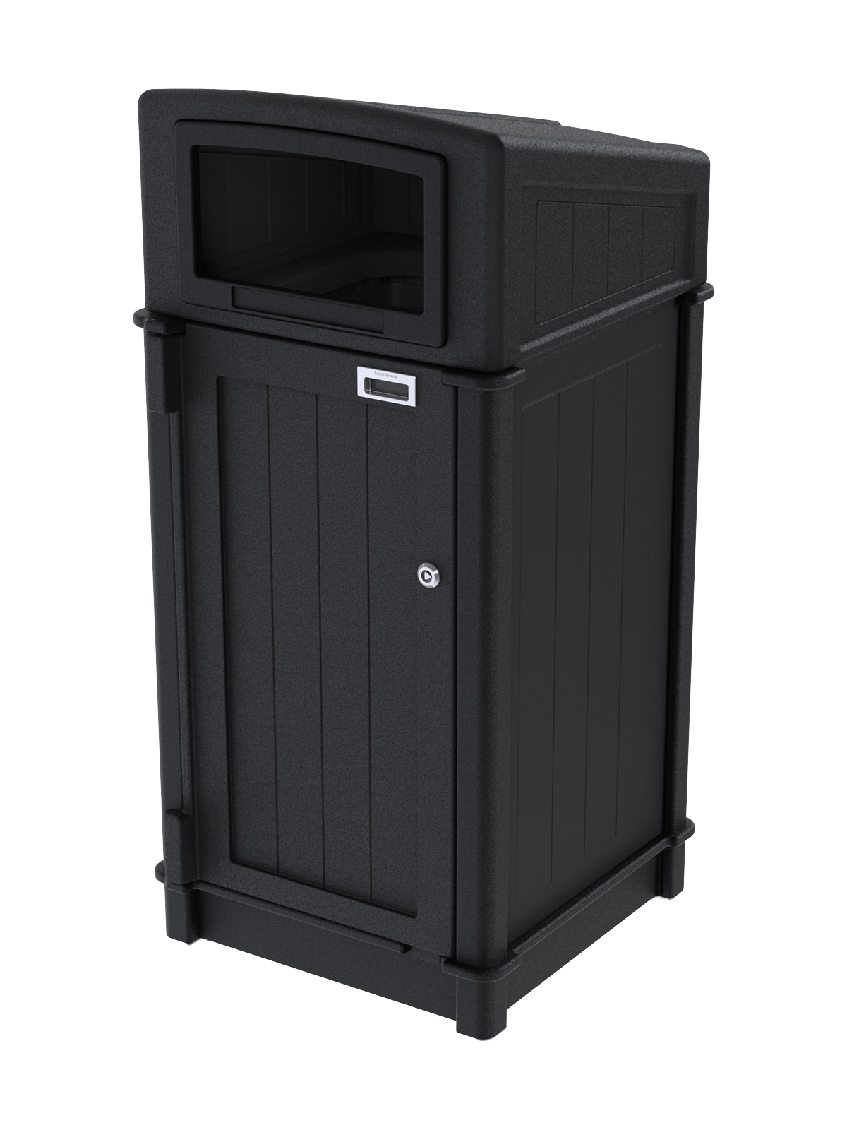 black recycled plastic waste container with sloped canopy lid for collecting trash outdoors