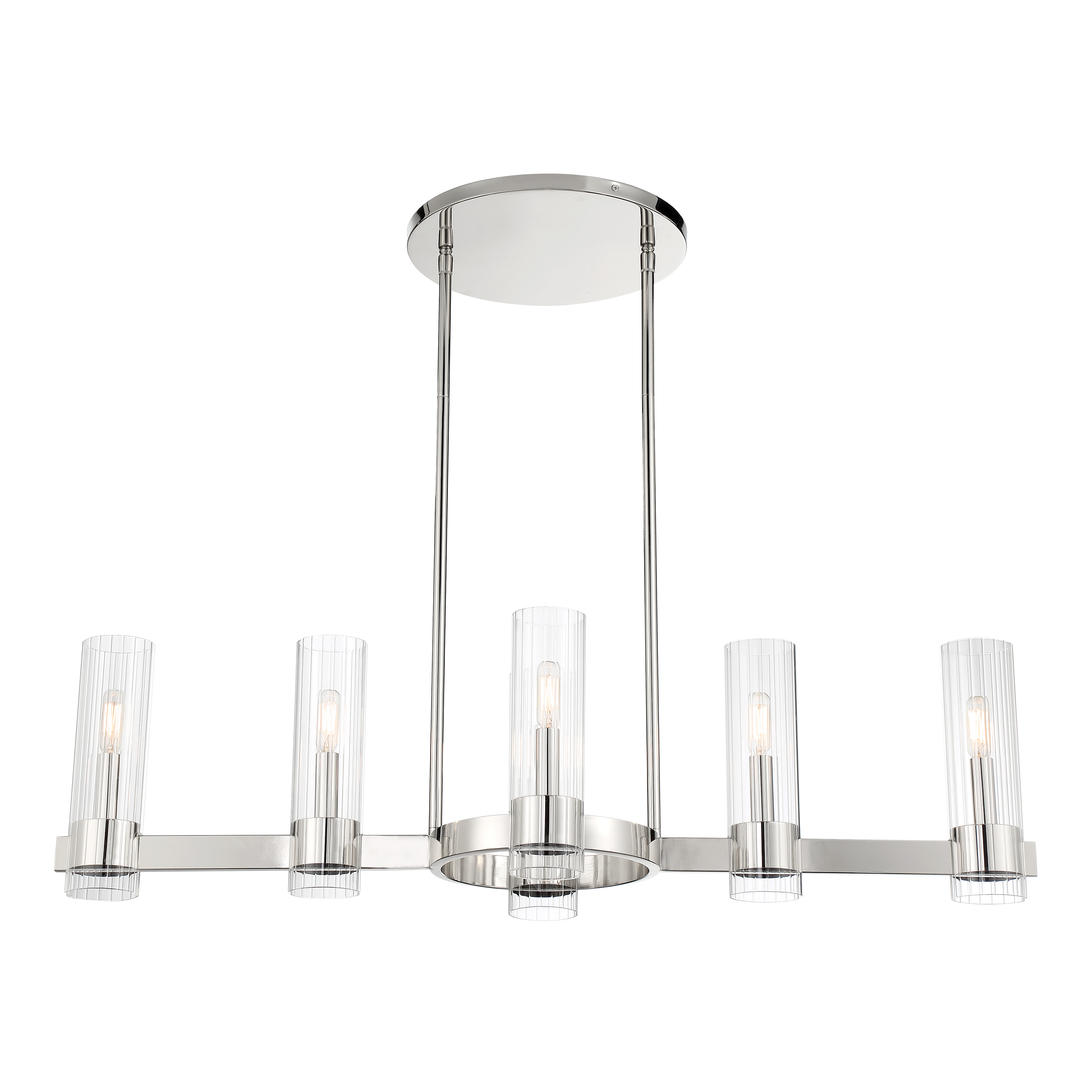The Vernon Place 6-Light Island Chandelier combines polished chrome with clear ribbed glass for a sophisticated transitional look. Its 42-inch linear design provides excellent task lighting over kitchen islands and dining tables. - alternate view