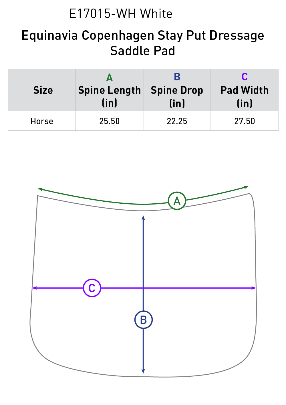 Size chart for Equinavia Copenhagen Stay Put Dressage Saddle Pad - White
