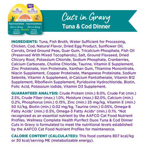 <p>Tuna, Fish Broth, Water Sufficient for Processing, Chicken, Cod, Natural Flavor, Dried Egg Product, Sunflower Oil, Carrots, Dried Ground Peas, Guar Gum, Tricalcium Phosphate, Fish Oil (Preserved With Mixed Tocopherols), Salt, Ground Flaxseed, Dried Chicory Root, Potassium Chloride, Sodium Phosphate, Cranberries, Calcium Carbonate, Choline Chloride, Taurine, Vitamin E Supplement, Zinc Proteinate, Iron Proteinate, Xanthan Gum, Thiamine Mononitrate, Niacin Supplement, Copper Proteinate, Manganese Proteinate, Sodium Selenite, Vitamin A Supplement, d-Calcium Pantothenate, Vitamin B12 Supplement, Riboflavin Supplement, Pyridoxine Hydrochloride, Biotin, Folic Acid, Potassium Iodide, Vitamin D3 Supplement.</p>
