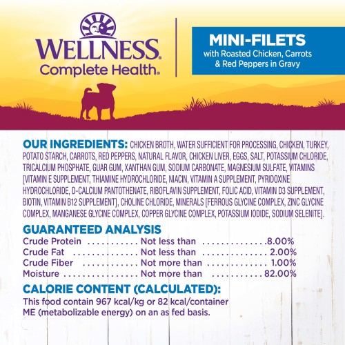 <p>Chicken Broth, Water Sufficient for Processing, Chicken, Turkey, Potato Starch, Carrots, Red Peppers, Natural Flavor, Chicken Liver, Eggs, Salt, Potassium Chloride, Tricalcium Phosphate, Guar Gum, Xanthan Gum, Sodium Carbonate, Magnesium Sulfate, Vitamins [Vitamin E Supplement, Thiamine Hydrochloride, Niacin, Vitamin A Supplement, Pyridoxine Hydrochloride, d-Calcium Pantothenate, Riboflavin Supplement, Folic Acid, Vitamin D3 Supplement, Biotin, Vitamin B12 Supplement], Choline Chloride, Minerals [Ferrous Glycine Complex, Zinc Glycine Complex, Manganese Glycine Complex, Copper Glycine Complex, Potassium Iodide, Sodium Selenite].</p>
