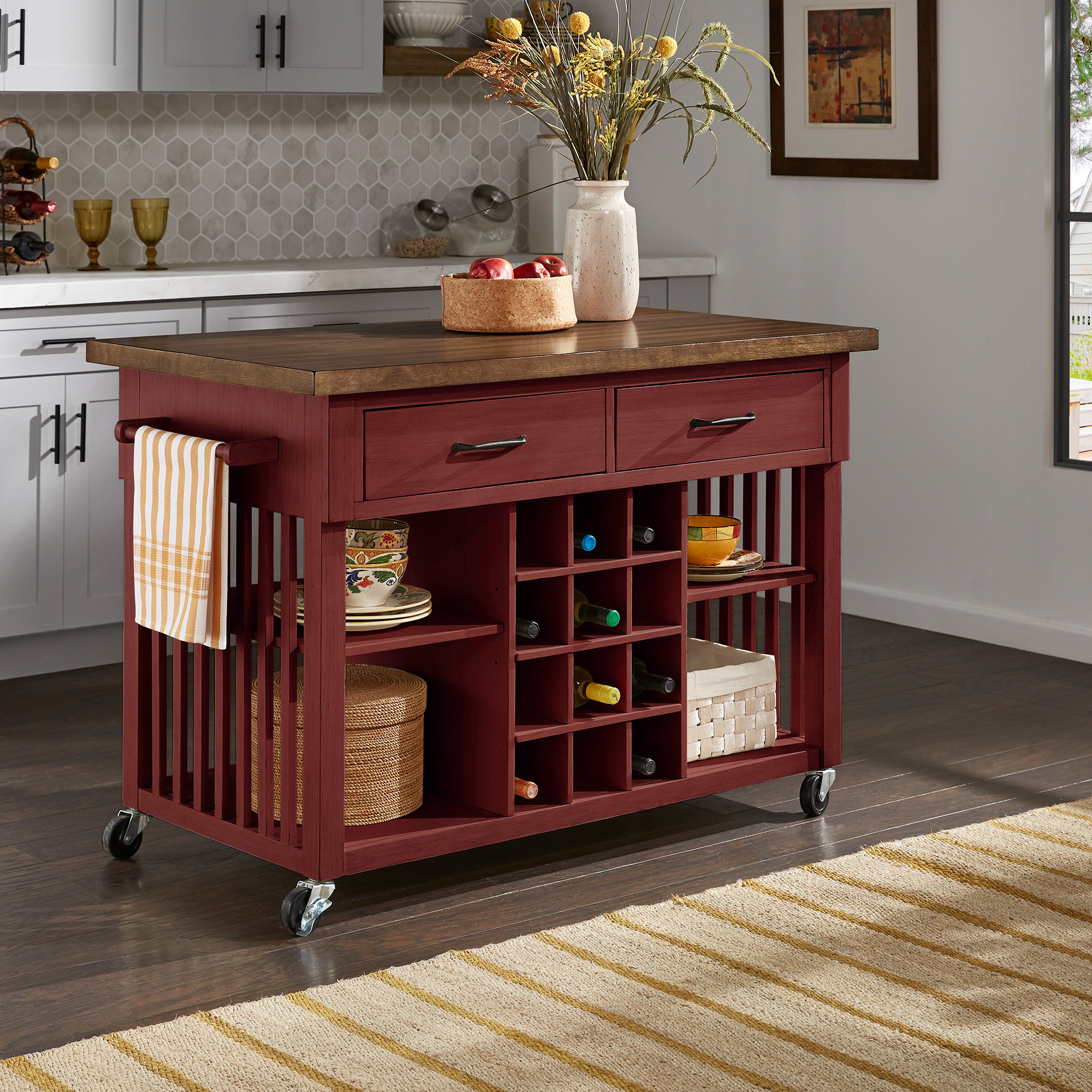 Two-Tone Kitchen Island with Wine Rack