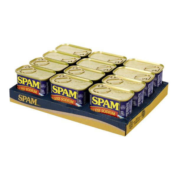 SPAM(r) Less Salt, 12/12oz. . C1RM - Front Right Open Case (Hi Res)