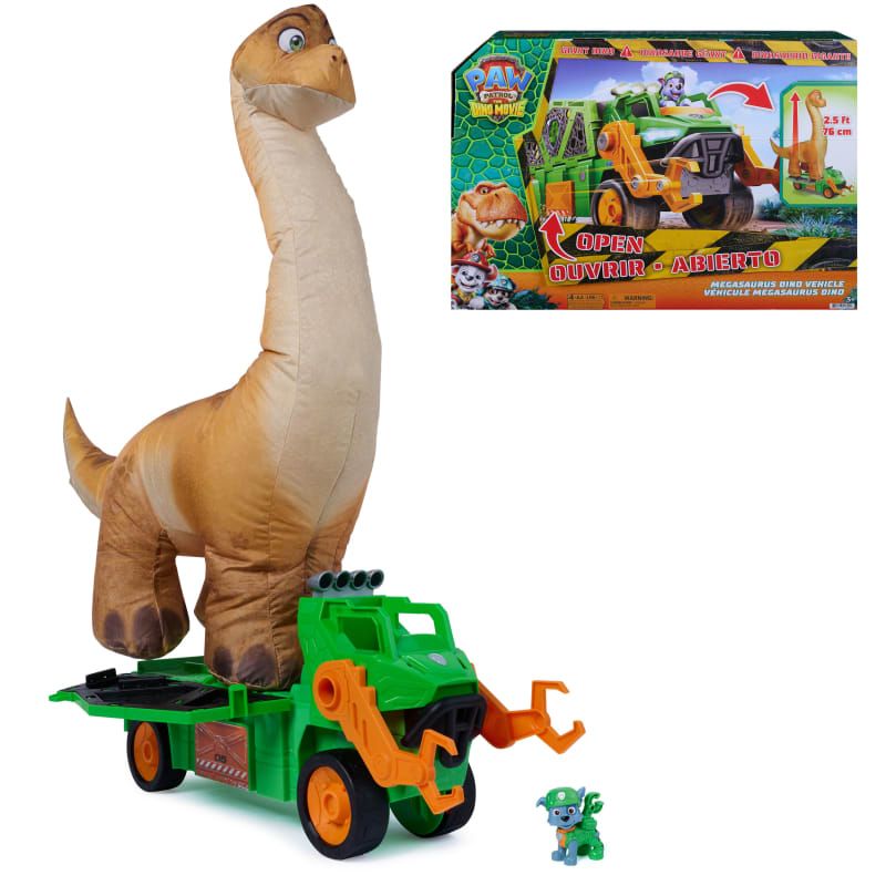 PAW Patrol: The Dino Movie, Megasaurus Dino Vehicle with 2.5 Ft Inflatable Dinosaur Toy and Rocky Action Figure, Preschool Toys for Girls & Boys Ages 3+