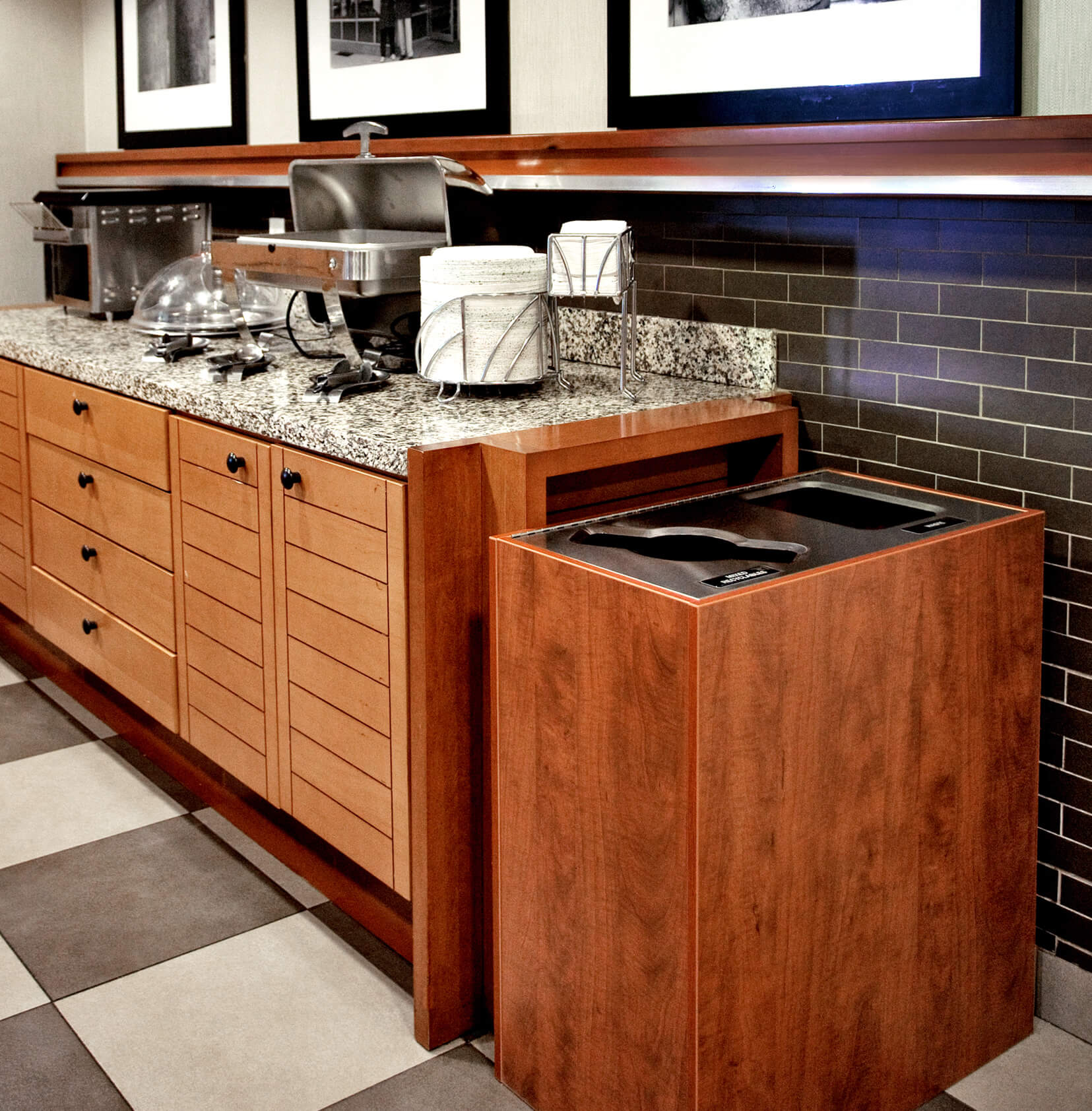 modern recycling and waste bin in a hotel breakfast area shown in a cedar wood texture