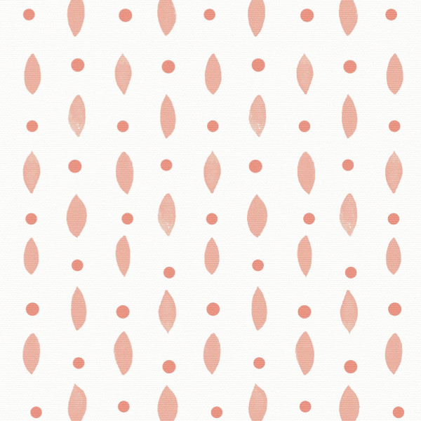Coral-pink circular dots and elongated leaf-shaped marks repeat in vertical alternating columns across a textured off-white canvas, forming a regular minimalist polka-dot and leaf pattern resembling wallpaper.