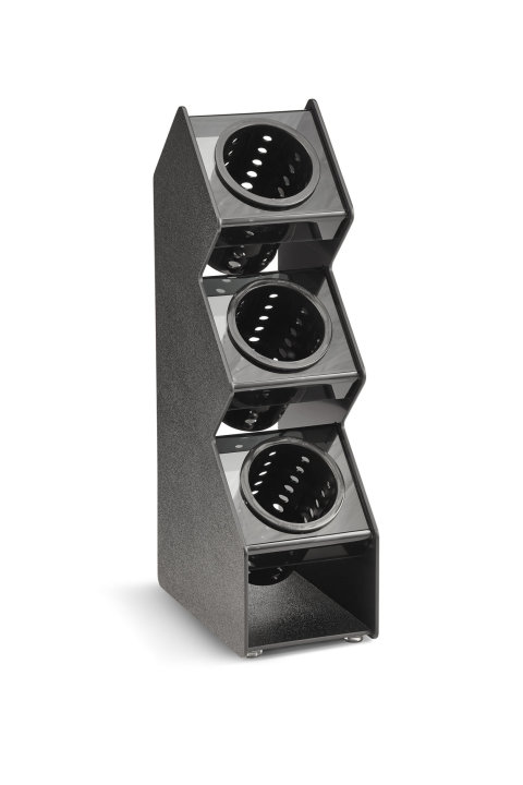 Three-compartment vertical countertop flatware organizer with removable black perforated cylinders