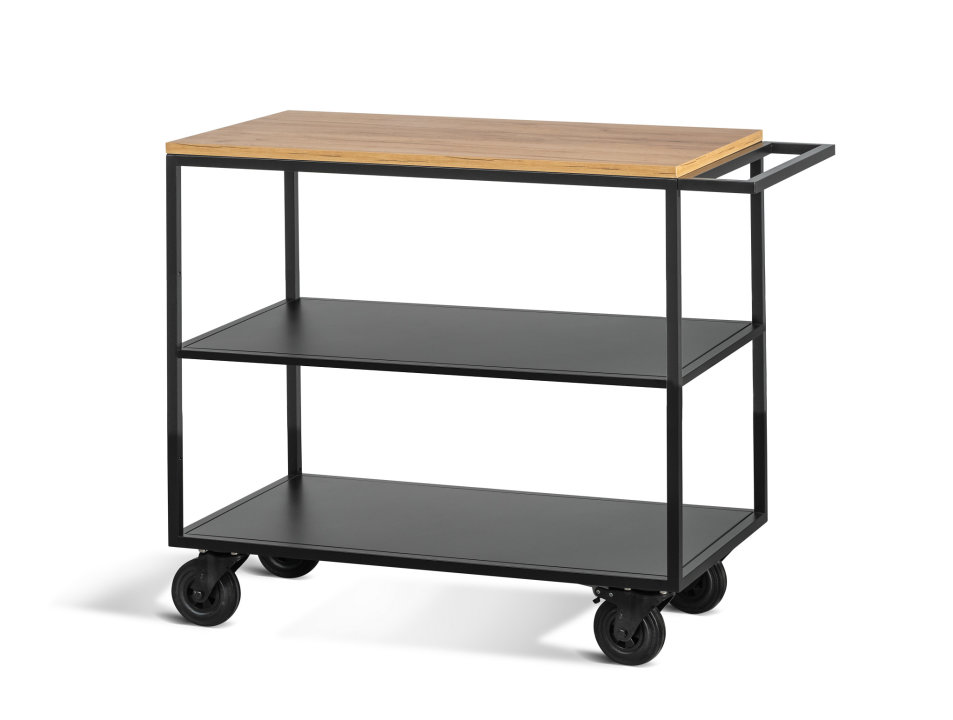 Three-level service trolley with wooden top
