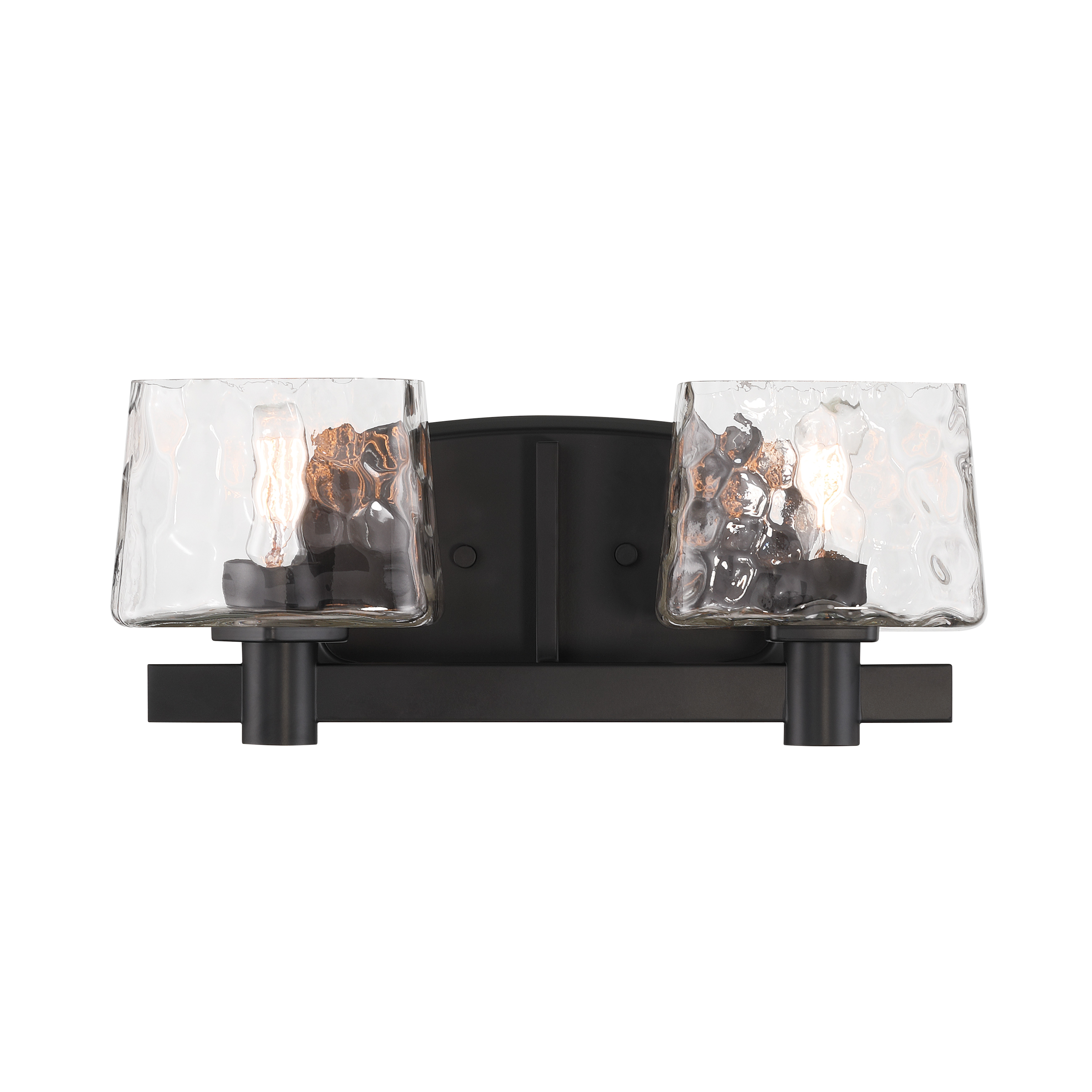 The Drysdale 2-Light Bath Vanity combines modern minimalism with industrial charm. Its coal black finish and clear hammered glass shades create visual interest while the reversible design offers installation flexibility. - alternate view