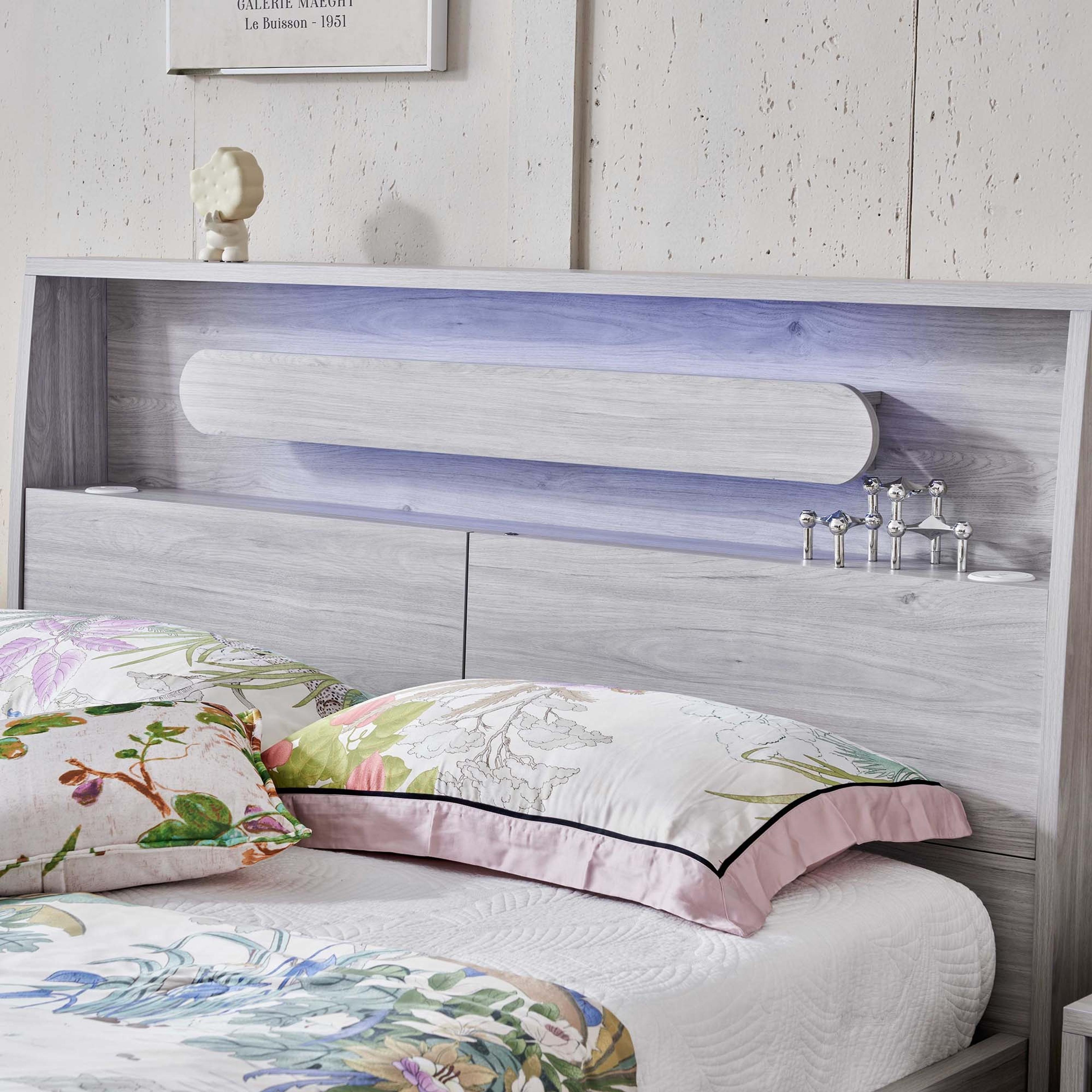 Lifestyle image of the  Nova Bed Frame, Front Slat Gas Lift Base, Stone Oak from Forty Winks