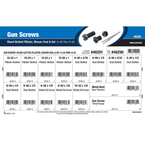 Blued Slotted Fillister, Weaver Oval, and Set Gun Screws Assortment (#6-48 thru #12-28)