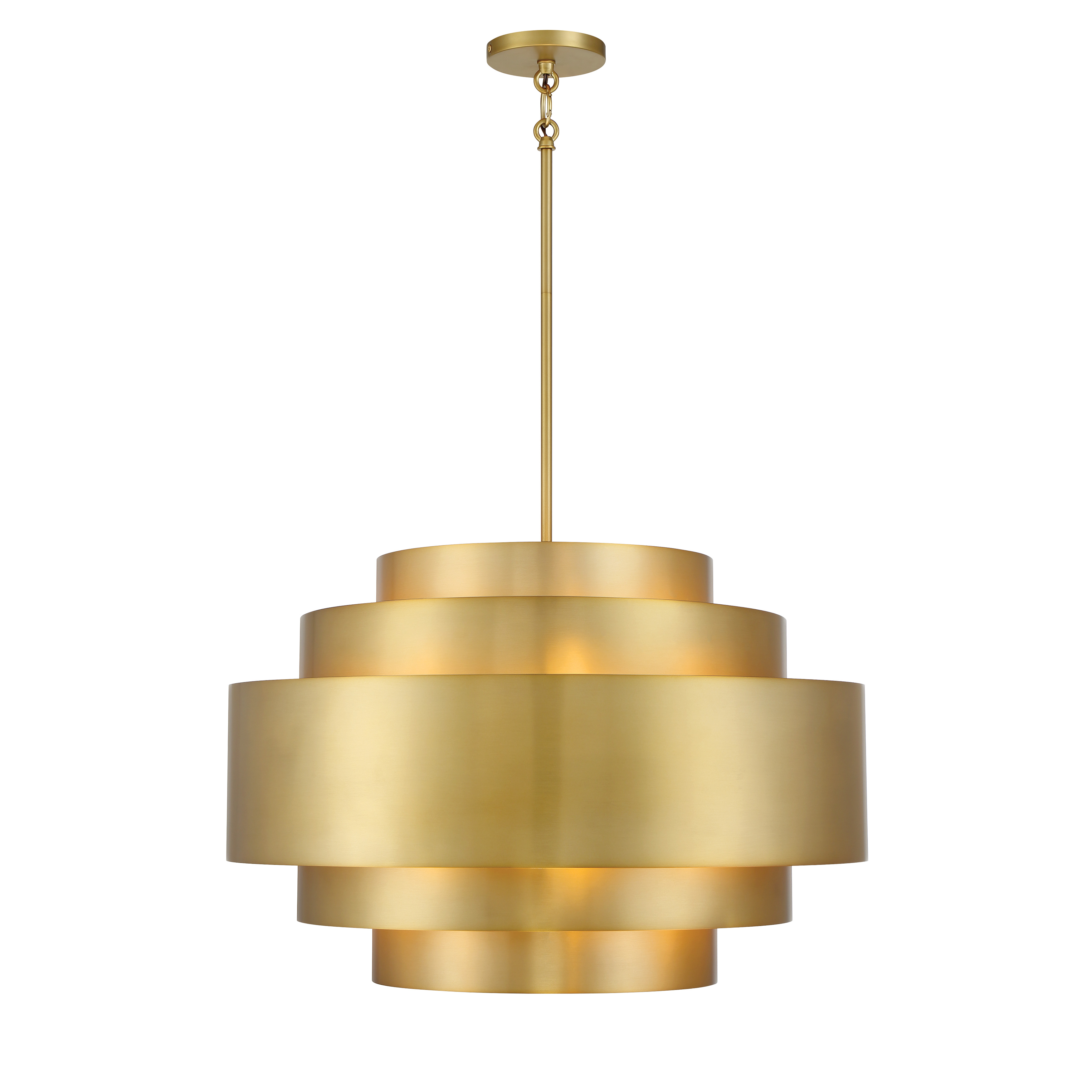 The SpyGlass Terrace pendant combines modern design with timeless appeal through its soft brass finish and frosted glass shades. At 26 inches wide, this substantial fixture provides excellent illumination while serving as a stunning focal point. - alternate view