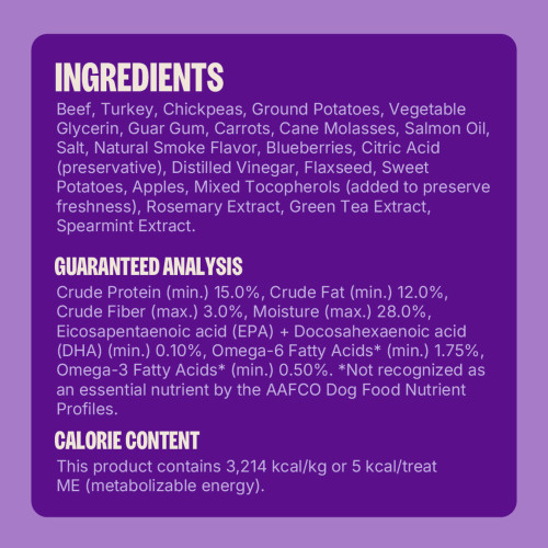 <p>Beef, Ground Potatoes, Turkey, Vegetable Glycerin, Guar Gum, Carrots, Cane Molasses, Sunflower Lecithin, Salmon Oil, Salt, Natural Smoke Flavor, Blueberries, Flaxseed, Phosphoric Acid, Sweet Potatoes, Apples, Sorbic Acid (a preservative), Mixed Tocopherols (added to preserve freshness), Rosemary Extract, Green Tea Extract, Spearmint Extract.</p>
