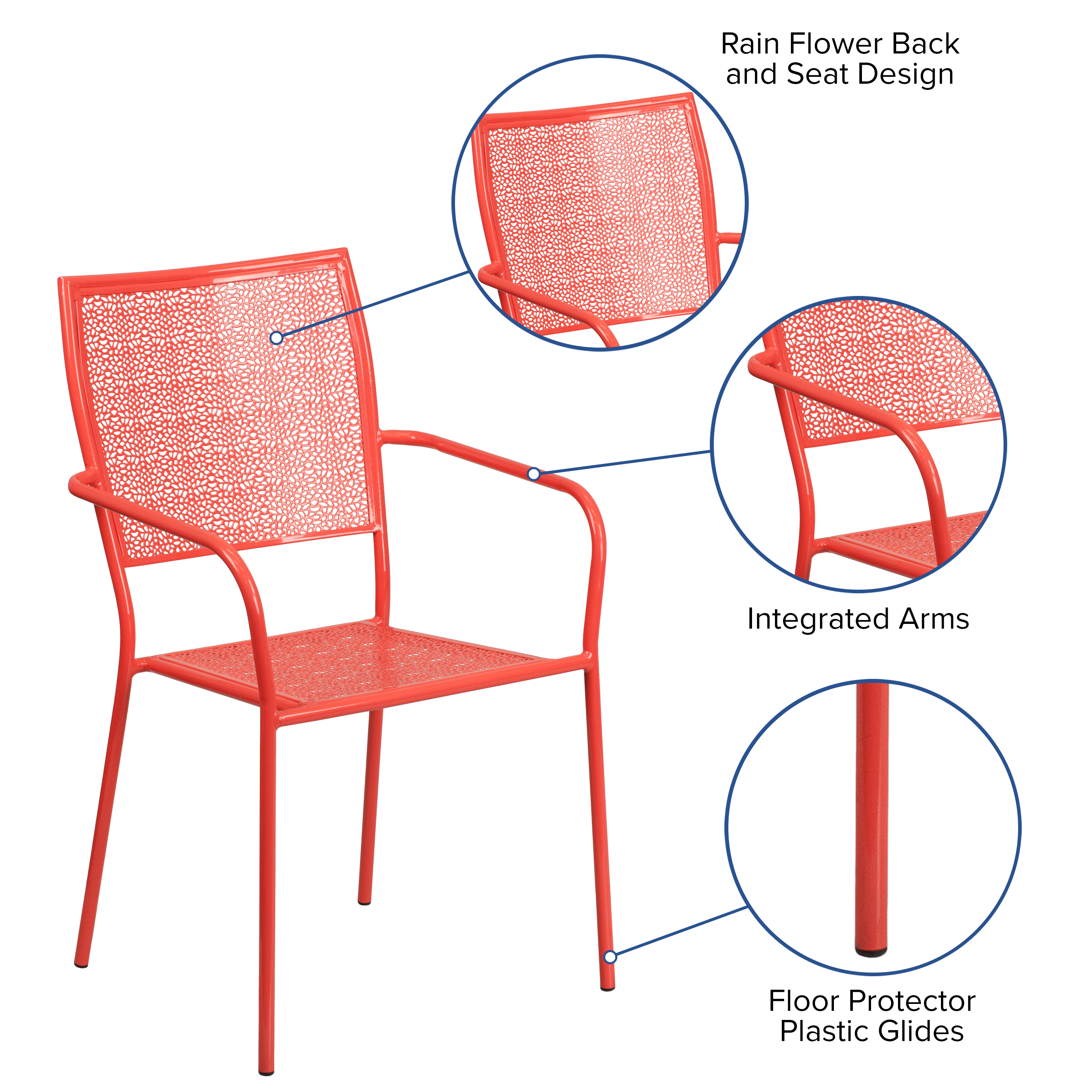 Commercial Grade Sky Blue Indoor-Outdoor Steel Patio Arm Chair with Square Back - Picture 4 of 61