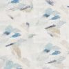 Linen-textured wallpaper patterned with overlapping pastel brushstrokes in blue, teal, beige and gray; the soft, weathered design creates a muted decorative surface for an interior wall.