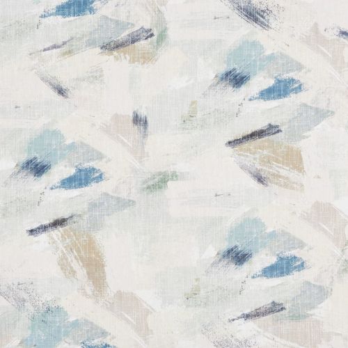 Linen-textured wallpaper patterned with overlapping pastel brushstrokes in blue, teal, beige and gray; the soft, weathered design creates a muted decorative surface for an interior wall.