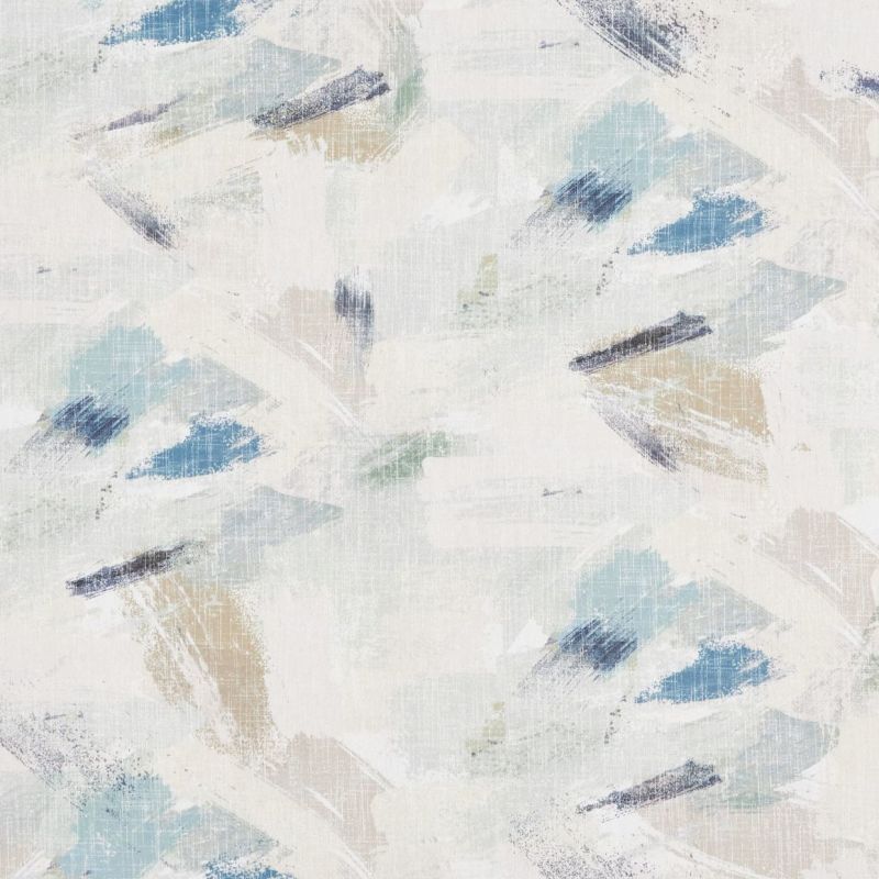 Linen-textured wallpaper patterned with overlapping pastel brushstrokes in blue, teal, beige and gray; the soft, weathered design creates a muted decorative surface for an interior wall.