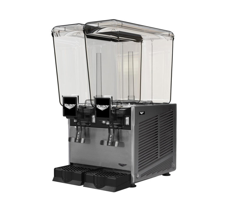 Refrigerated beverage dispenser with two 5.28-gallon bowls and stirring paddle circulation