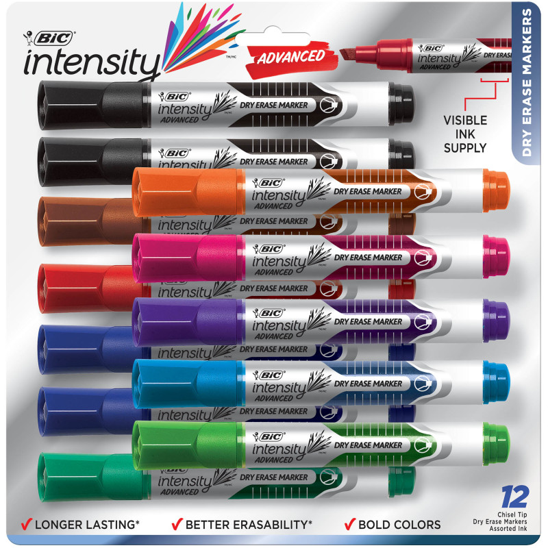 Intensity Advanced Dry Erase Markers, Chisel Tip, Assorted Colors, 12 Count