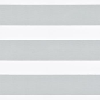 Horizontal-striped zebra roller blind, lowered across the window with alternating light-gray sheer and white opaque bands; diffusing and partially blocking daylight, set against a neutral, minimally detailed interior.