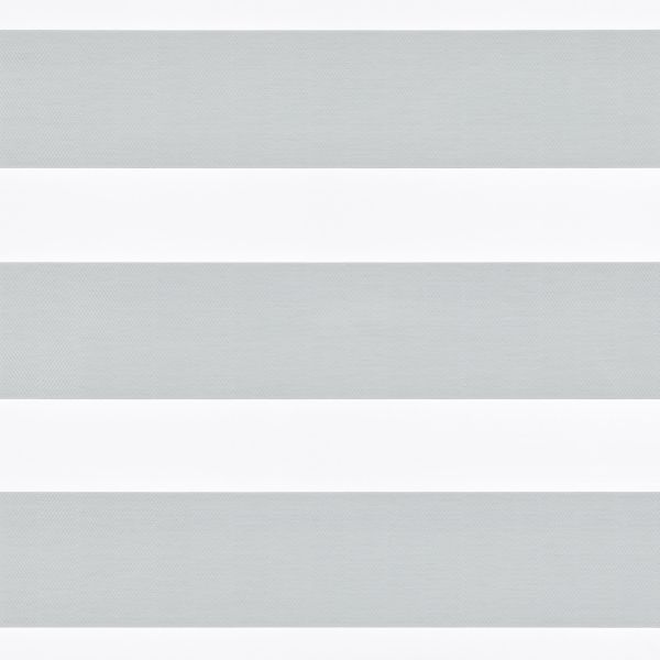 Horizontal-striped zebra roller blind, lowered across the window with alternating light-gray sheer and white opaque bands; diffusing and partially blocking daylight, set against a neutral, minimally detailed interior.