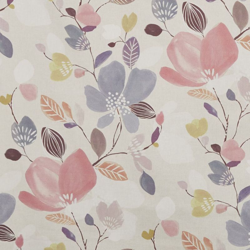 Wallpaper printed with large watercolor-style flowers and delicate leafed stems; blossoms in pastel pinks, blues, and yellows; soft cream background, muted tones, close-up, even lighting.