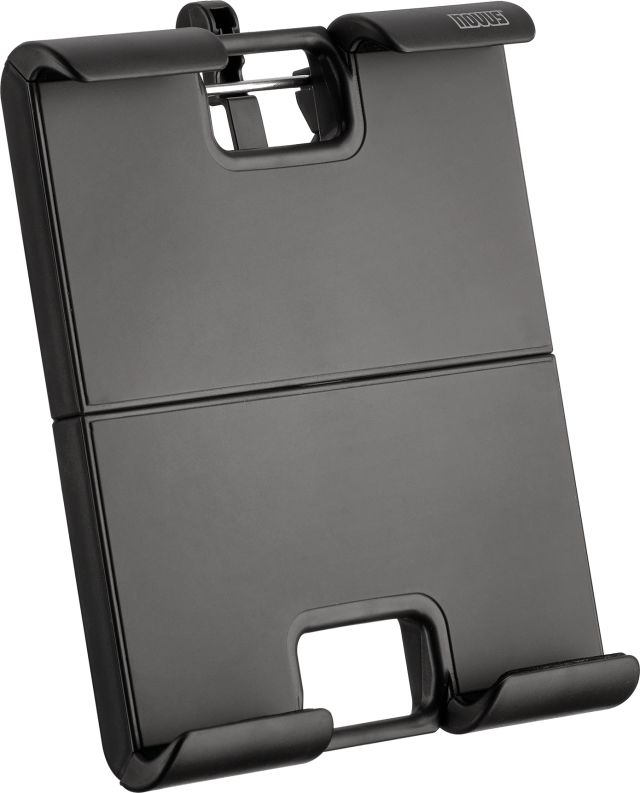 Spring-loaded tablet holder that elevates a tablet for a comfortable viewing position.