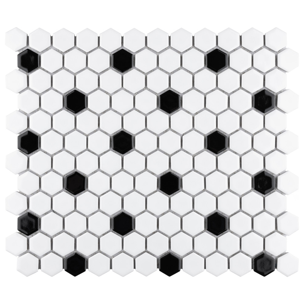 Metro 1″ Hex Glossy White w/Black Dot 10-1/4 in. x 11-7/8 in. Porcelain Mosaic Tile