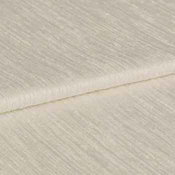 Folded cream, ribbed curtain fabric sample; tightly folded edge across the center, showing subtle horizontal textured stripes; close-up on a flat surface under soft, even studio lighting.